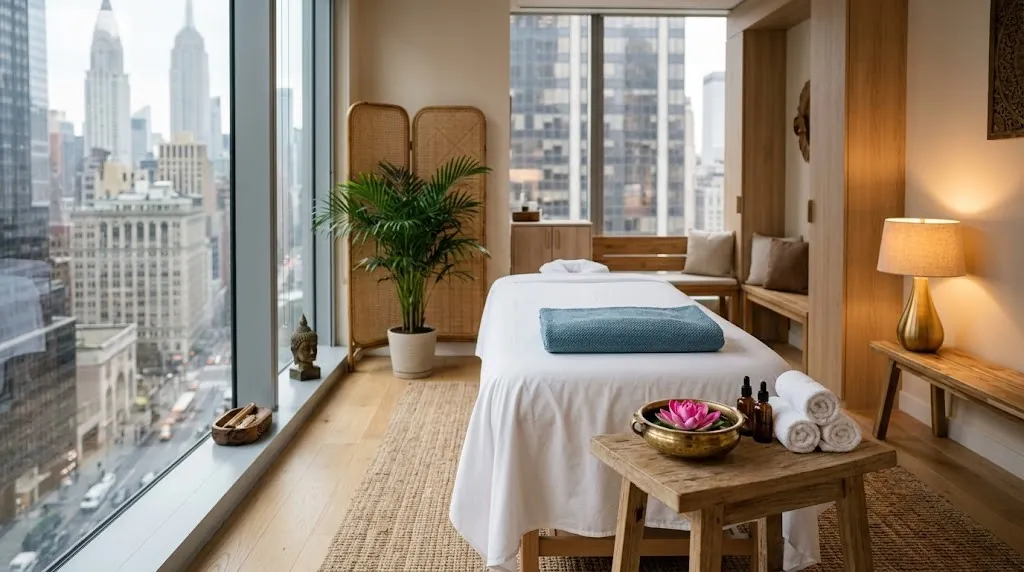 A calm private massage room with white linen, a lacquer-blue towel and a lotus in a brass bowl