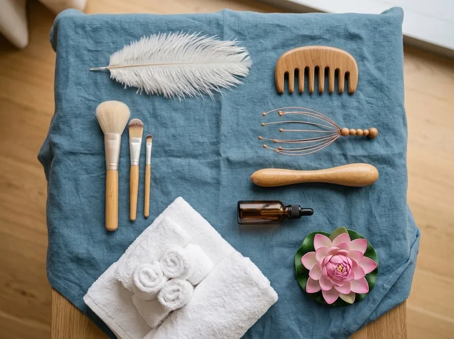 Soft brushes, a feather, a wooden scalp comb and a wire head massager laid out on blue linen