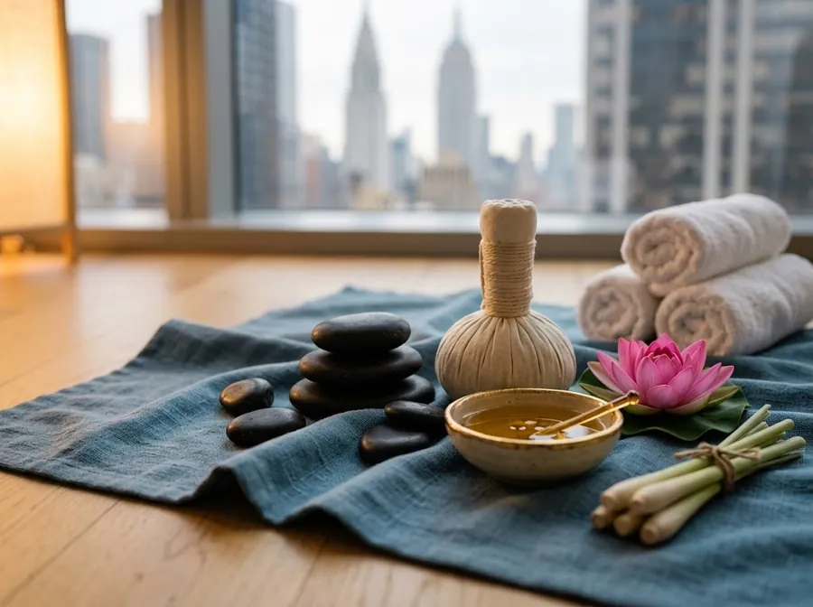 Hot stones, a Thai herbal compress, warm oil and a lotus on blue linen